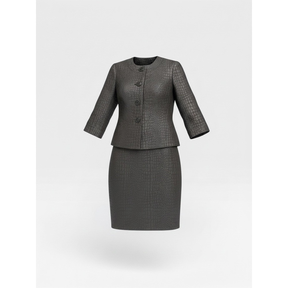 Tahari Arthur S Levine Skirt Suit Size 8 Black Crocodile Embossed 2 Pc Set EUC